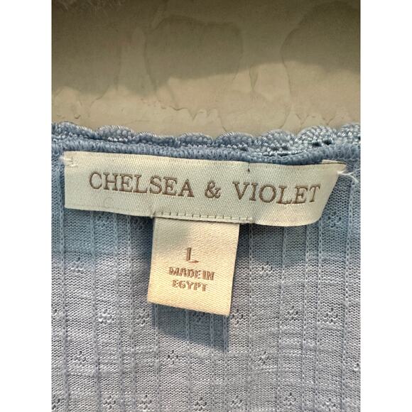 CHELSEA & VIOLET | Light Blue Scoop Neck Pointelle Bow Short Sleeve Top | Large - Picture 5 of 6